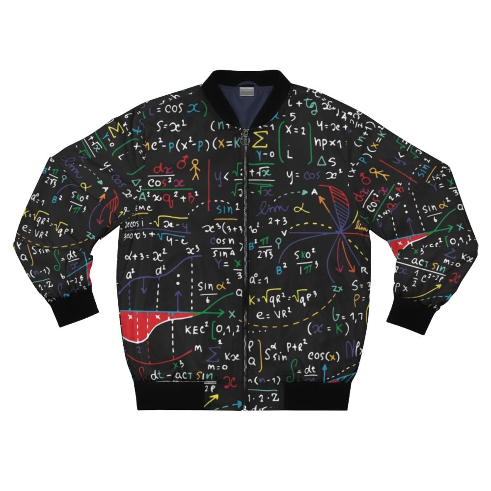 Geometry bomber jacket with shapes, formulas, and mathematical symbols