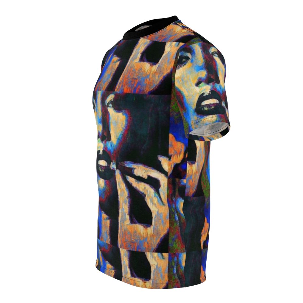 Graphic t-shirt featuring a colorful portrait illustration of music icon Grace Jones - men left