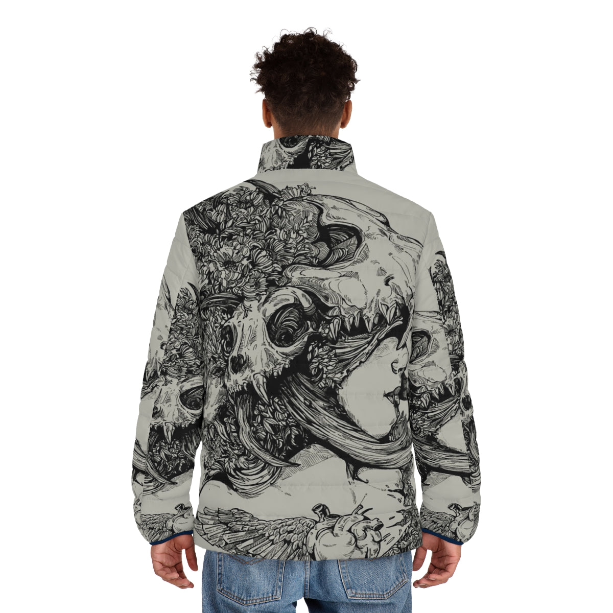 Woman wearing a black puffer jacket with an ink skull and wolf design - men back