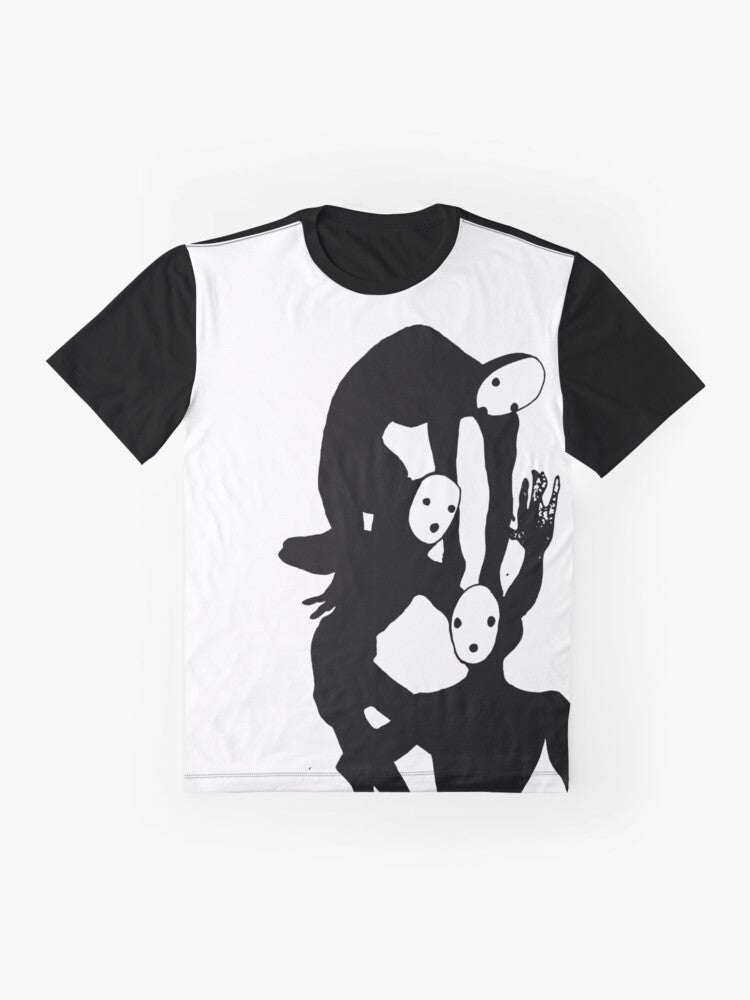 Graphic t-shirt featuring a black and white illustration of the Tragedian from the video game Pathologic - Flat lay