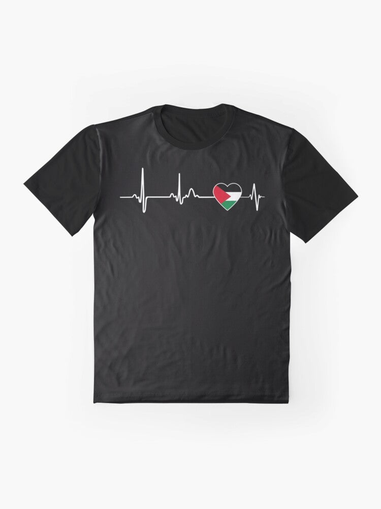 Heartbeat Palestine Graphic T-Shirt with a design supporting the fight for Palestinian freedom and human rights - Flat lay