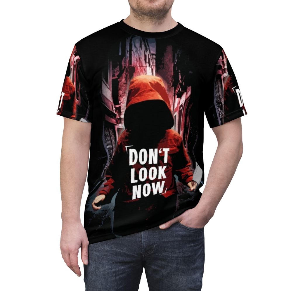 Eerie "Don't Look Now" inspired t-shirt design with dark and creepy gothic elements - men front