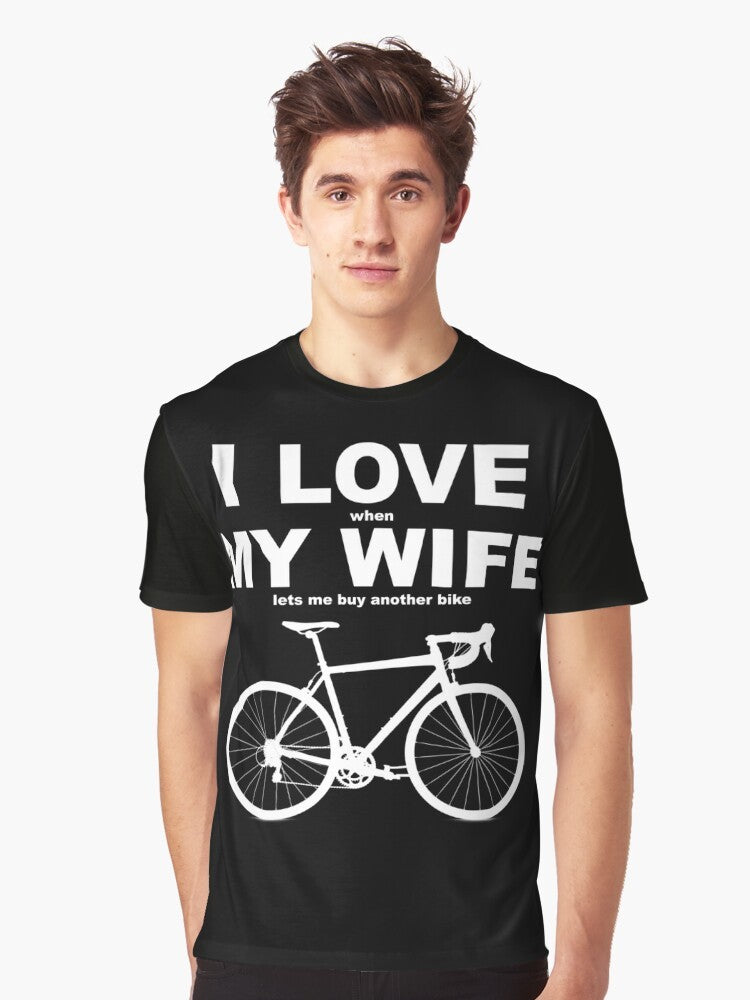 Funny graphic t-shirt with text "I LOVE MY WIFE*" and biking/cycling icons - Men