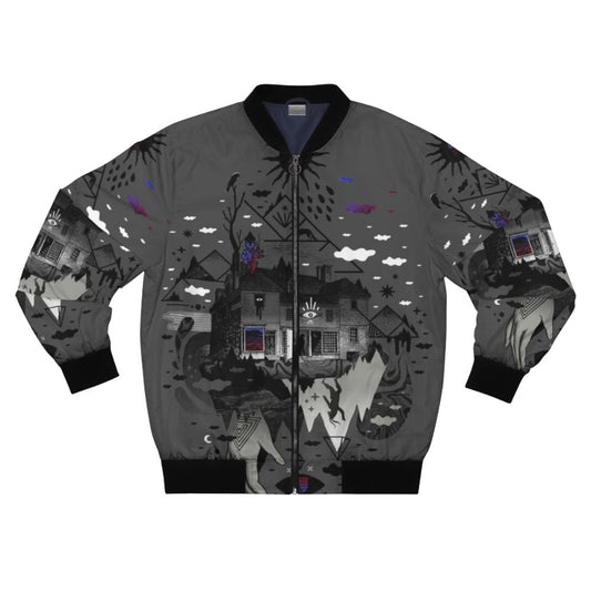 A surreal bomber jacket featuring an abstract collage design with a house, moon, stars, and geometric shapes.