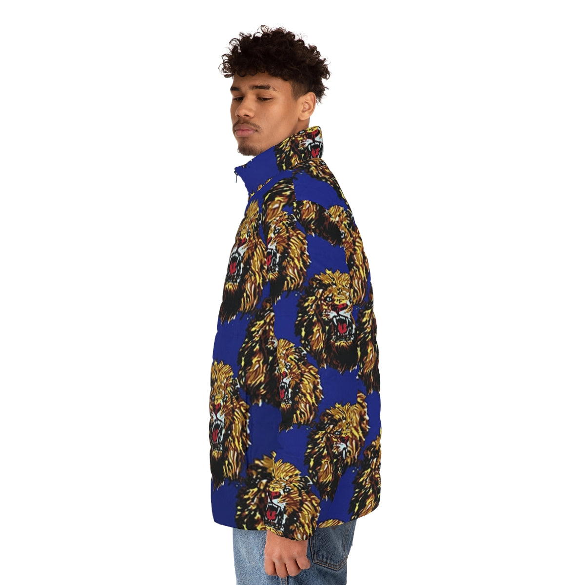 Blue puffer jacket with Isi Agu lion head design - men side left