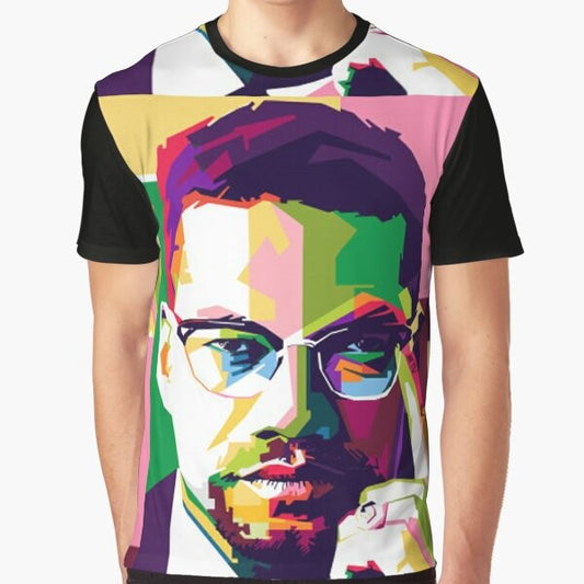 Graphic t-shirt featuring an image of Malcolm X, a prominent African American civil rights activist.