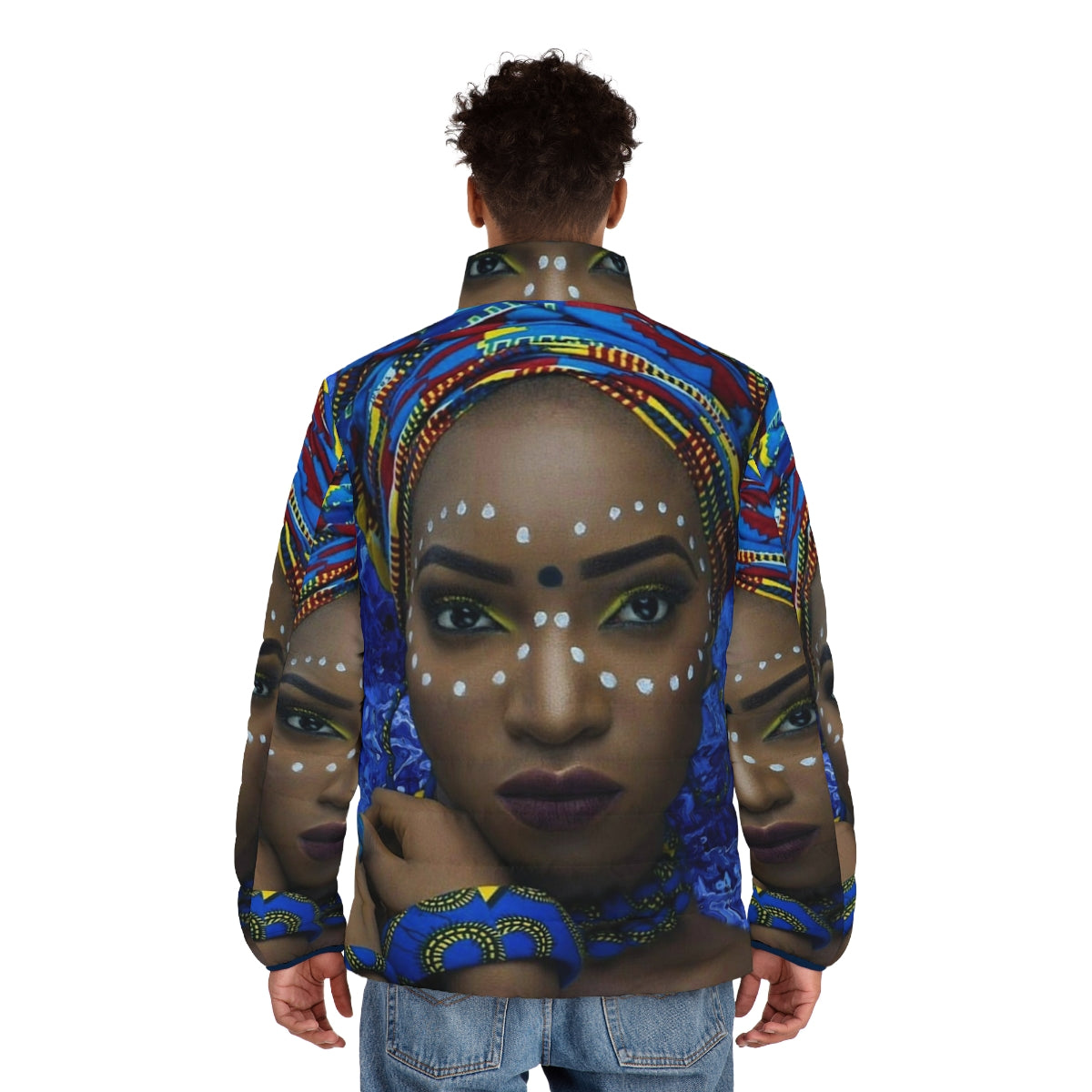 African Queen Puffer Jacket with Tribal Patterns and Gold Accents - men back