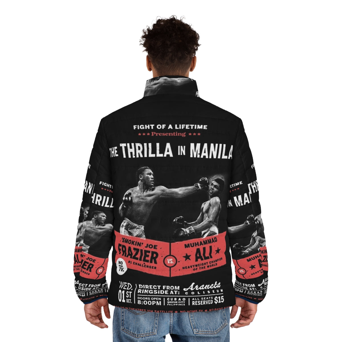 Ali vs Frazier 'Thrilla in Manila' puffer jacket featuring iconic boxing imagery - men back