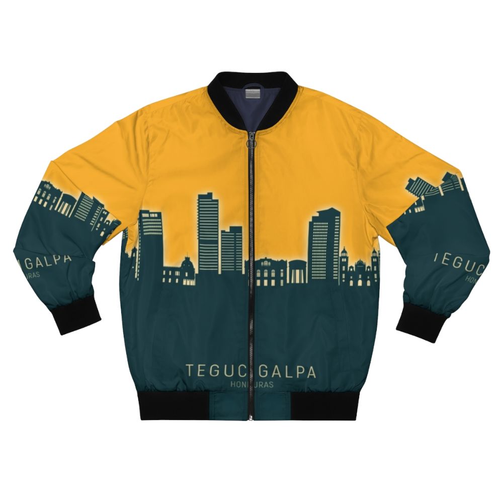 Tegucigalpa Honduras Skyline Bomber Jacket with Neon, Teal, and Orange Cityscape Design