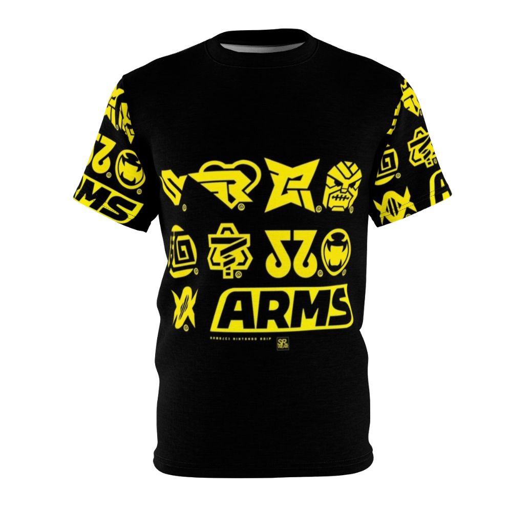 T-shirt featuring icons of characters from the Nintendo Arms fighting game, including Min Min, Ribbon Girl, and Spring Man.