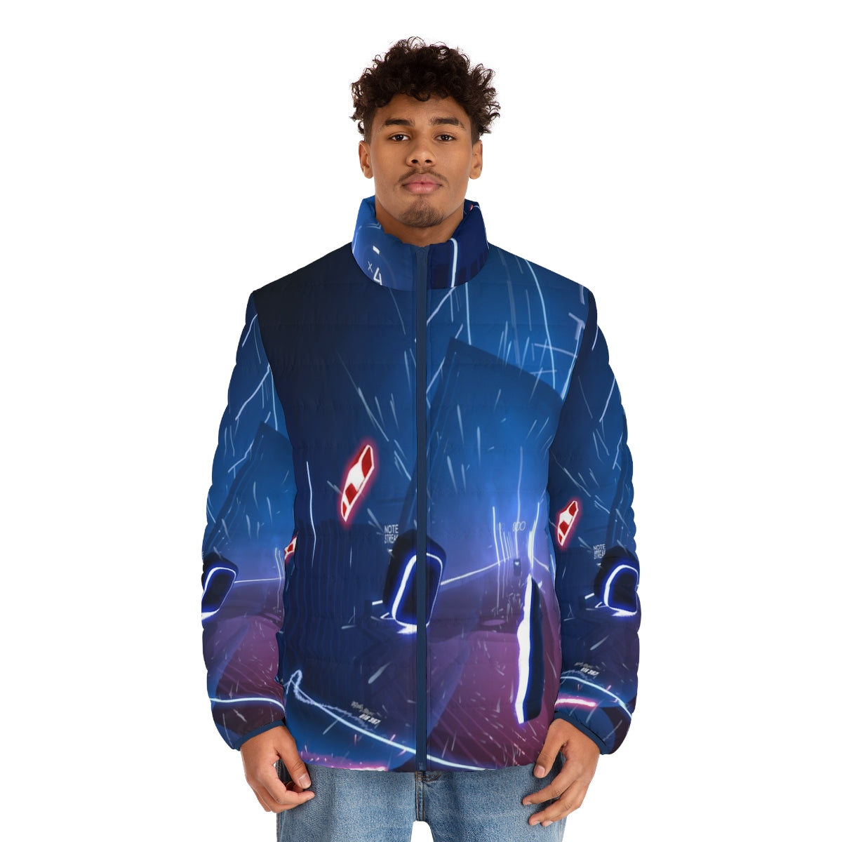 A person wearing a virtual world puffer jacket with neon lights and cyberpunk design - men front