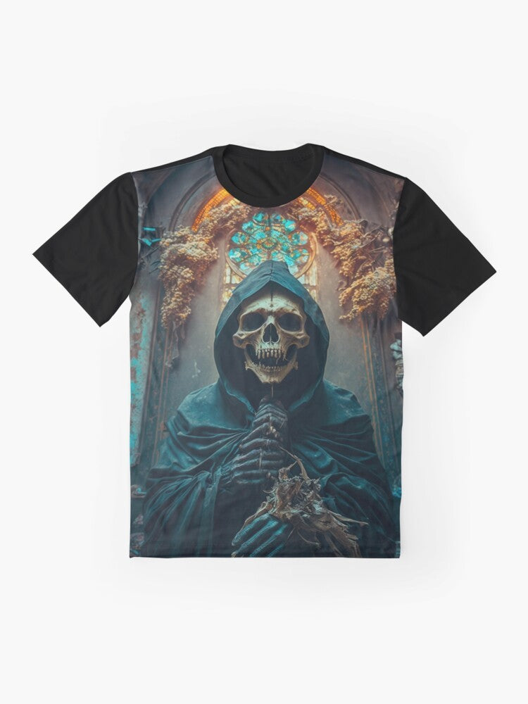 Gothic skeleton skull priest in dark church t-shirt design - Flat lay