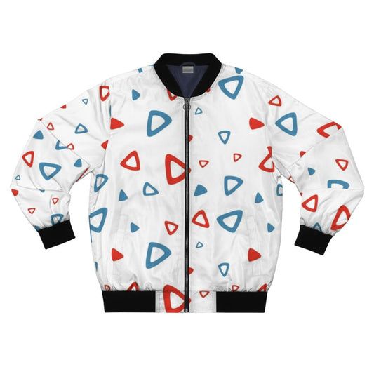 A blue and red triangle pattern bomber jacket with a nostalgic 90s style.