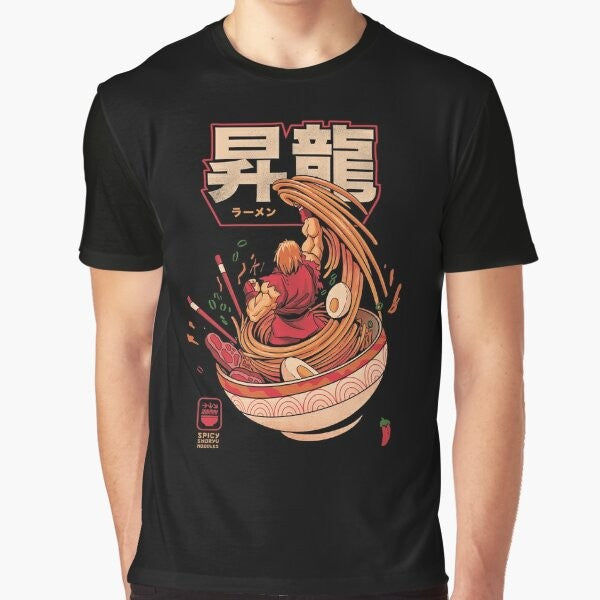 A graphic t-shirt featuring the iconic "Shoryuken" move from the Street Fighter video game series, with a spicy ramen noodle design.