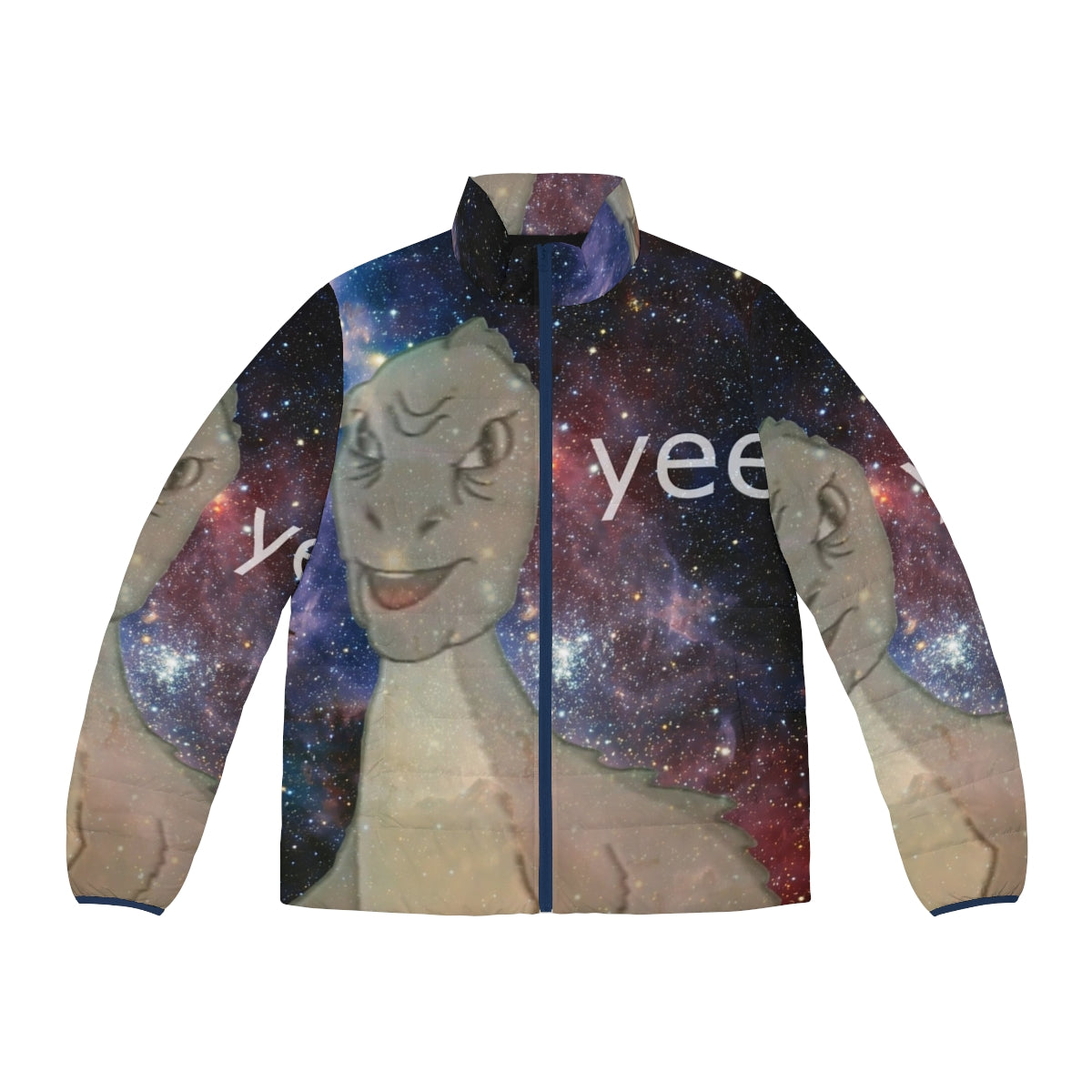 Cosmic Yee Puffer Jacket with dinosaur, nebula, and vintage meme design