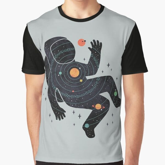 Graphic t-shirt design featuring a minimalist space and cosmos theme with an astronaut, planets, and the solar system.