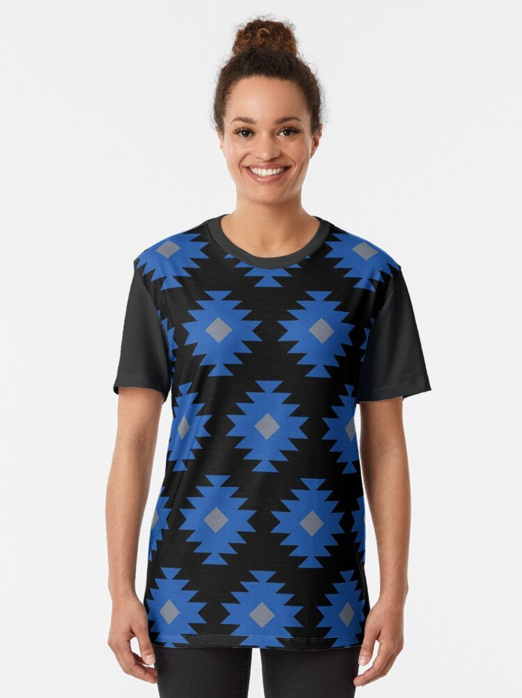 Southwestern Pattern Graphic T-Shirt featuring a native-inspired, geometric design in black, blue, and gray. - Women