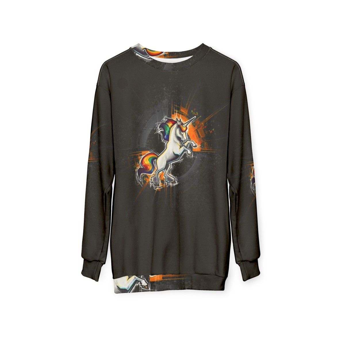 Death metal unicorn sweatshirt with dark gothic design - hanging