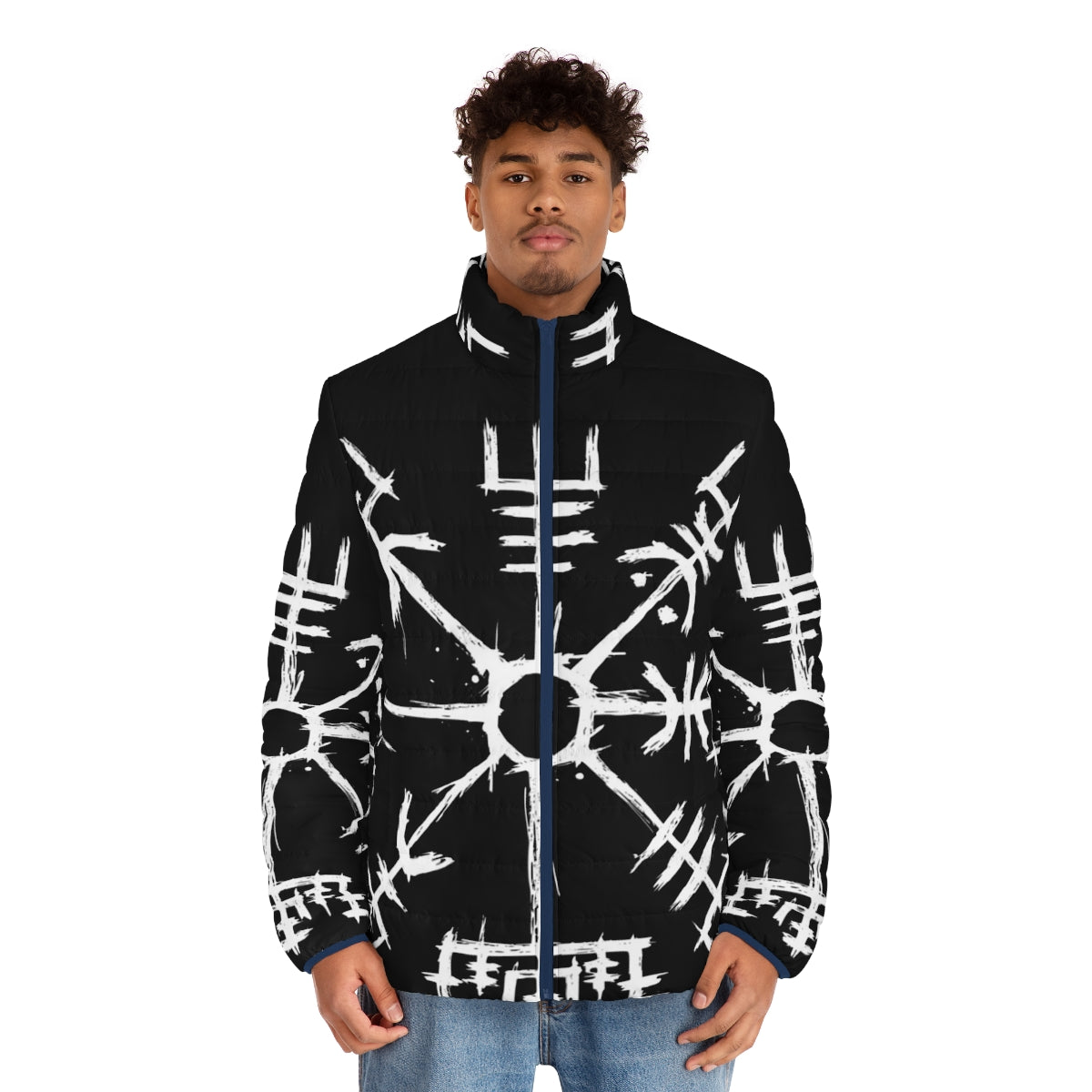 Vegvisir puffer jacket with Norse mythology inspired design - men front