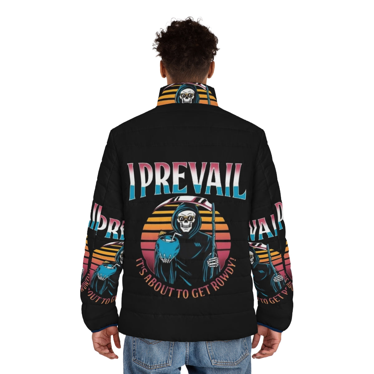 I Prevail Puffer Jacket with band logo and artwork - men back