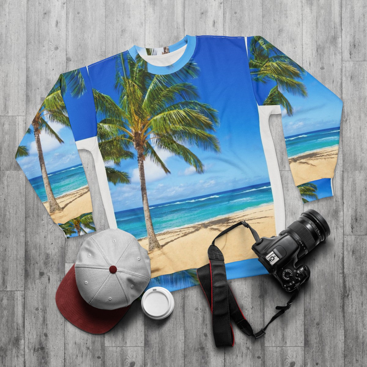 Tropical palm trees sweatshirt design - flat lay