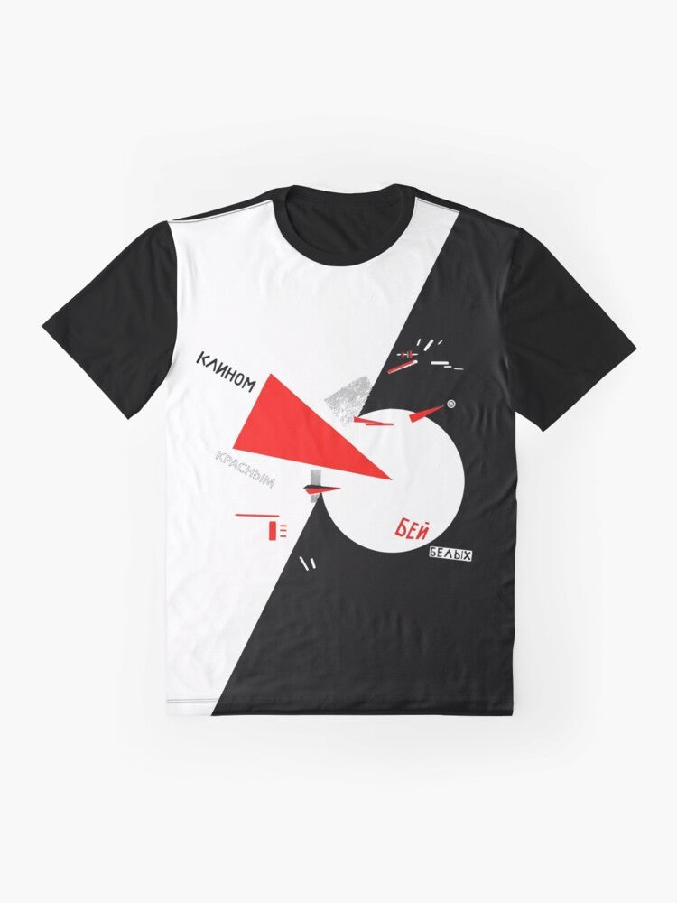 Constructivism inspired t-shirt design featuring the artwork of El Lissitzky, a prominent Soviet avant-garde artist. - Flat lay