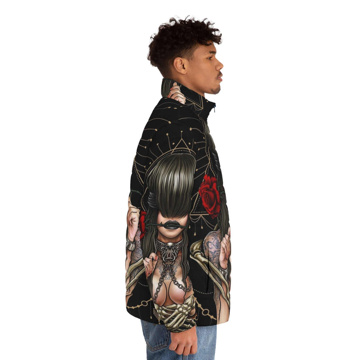 Enchanting "See No Evil" Puffer Jacket featuring surreal gothic design with mystical creatures and sacred geometry - men side right