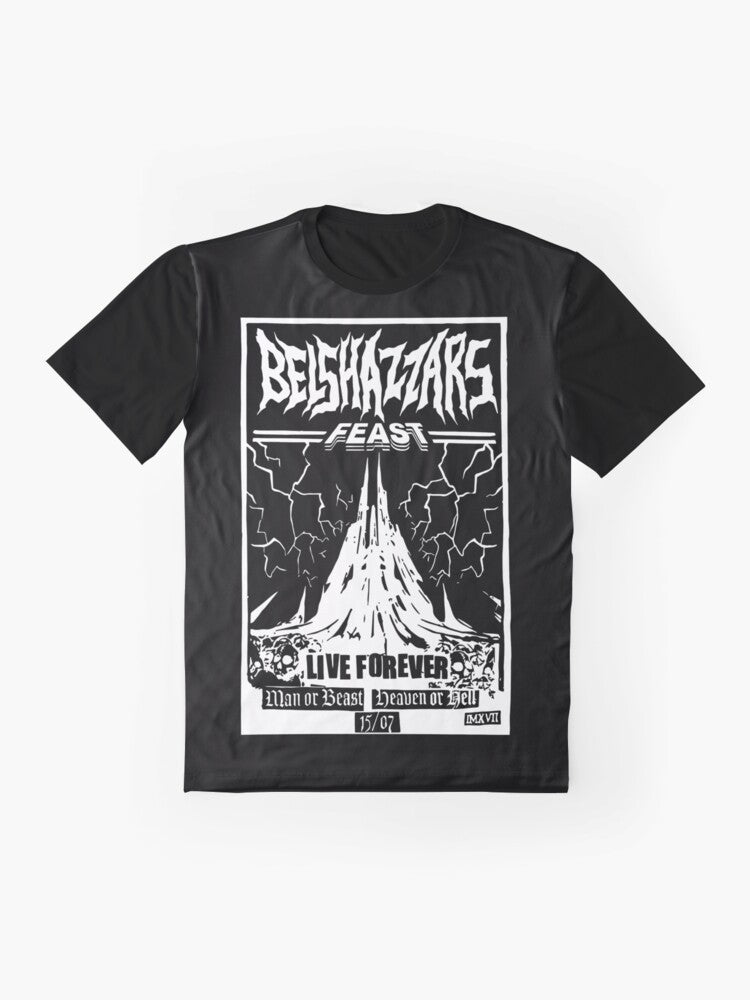 Belshazzar's Feast heavy metal graphic t-shirt with writing on the wall design - Flat lay