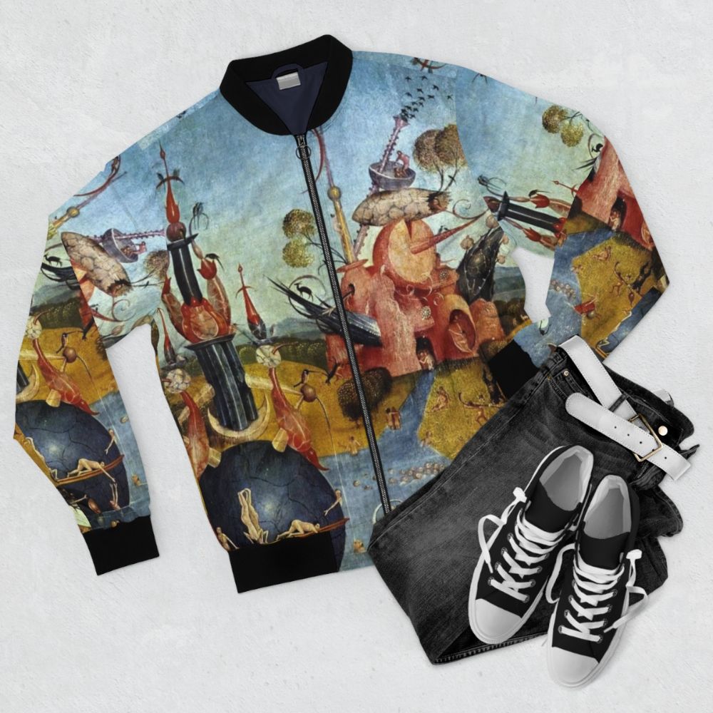 Vintage bomber jacket featuring Hieronymus Bosch's fantasy artwork - Flat lay