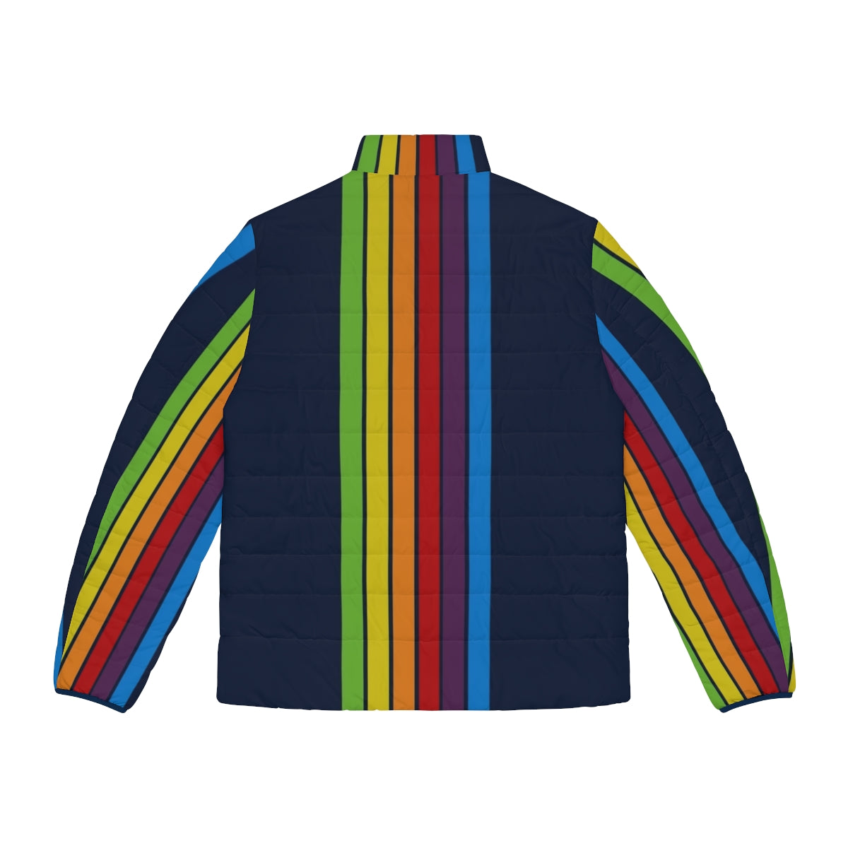 Retro vertical puffer jacket in pacific blue color with stripes and technology-inspired design - Back