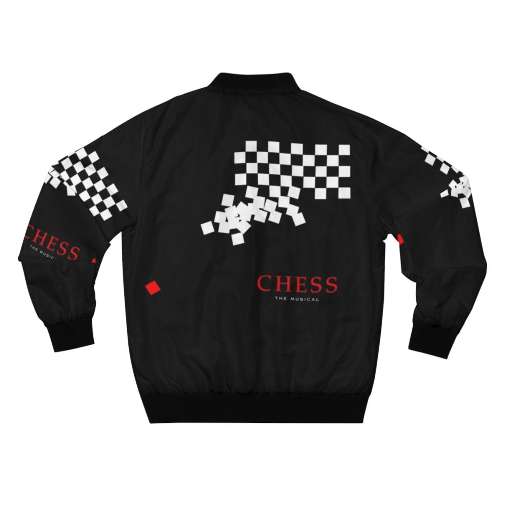 A bomber jacket featuring the logo and imagery from the classic Broadway musical "Chess" - Back