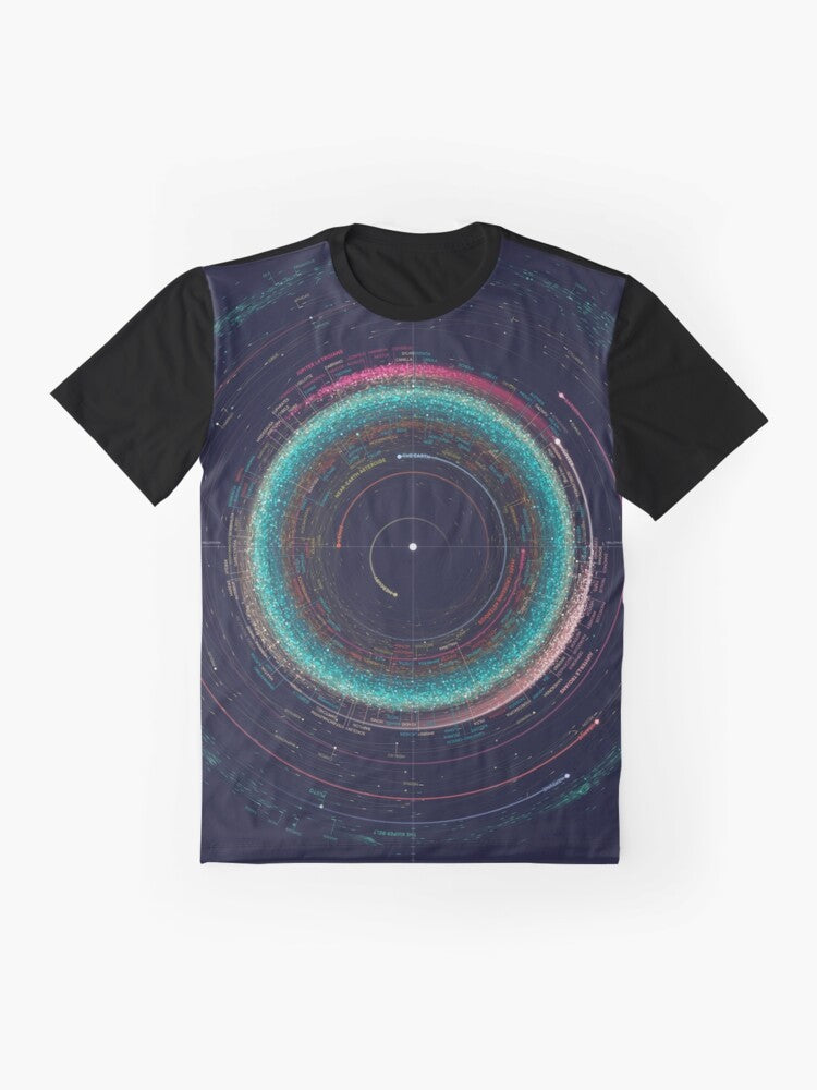 Asteroid Map of the Solar System Graphic T-Shirt featuring an infographic-style design of the planets, moons, and asteroids in the solar system. - Flat lay