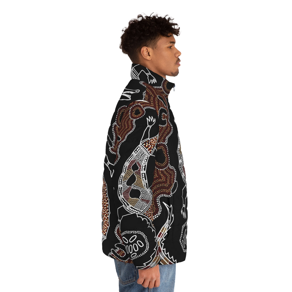 Authentic Aboriginal Art Crocodile Puffer Jacket with Traditional Artwork - men side right