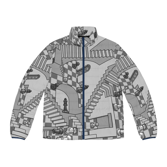 A stylish puffer jacket with a chess-inspired geometric pattern design