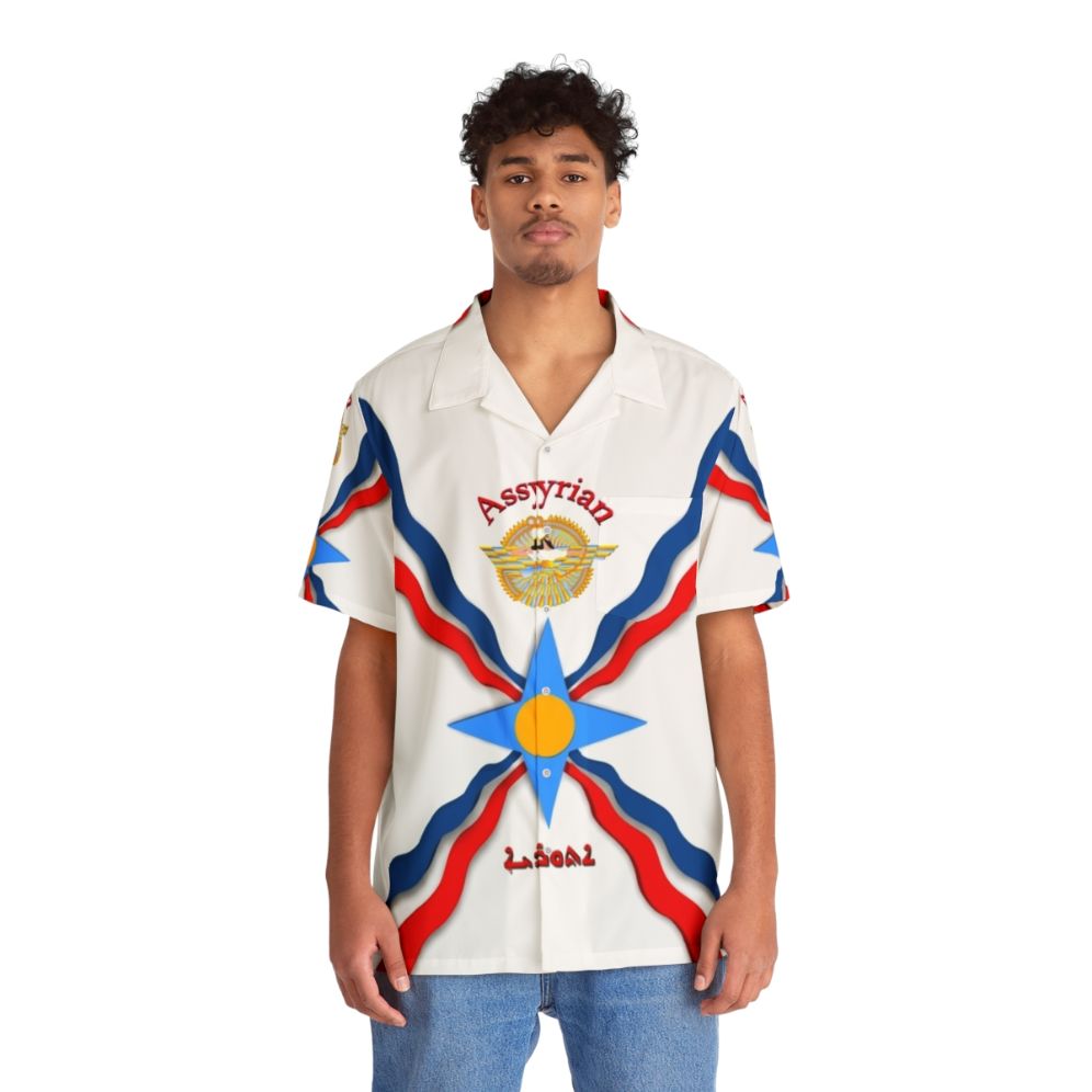 Assyrian Flag Hawaiian Shirt with Traditional Mesopotamian Design - People Front