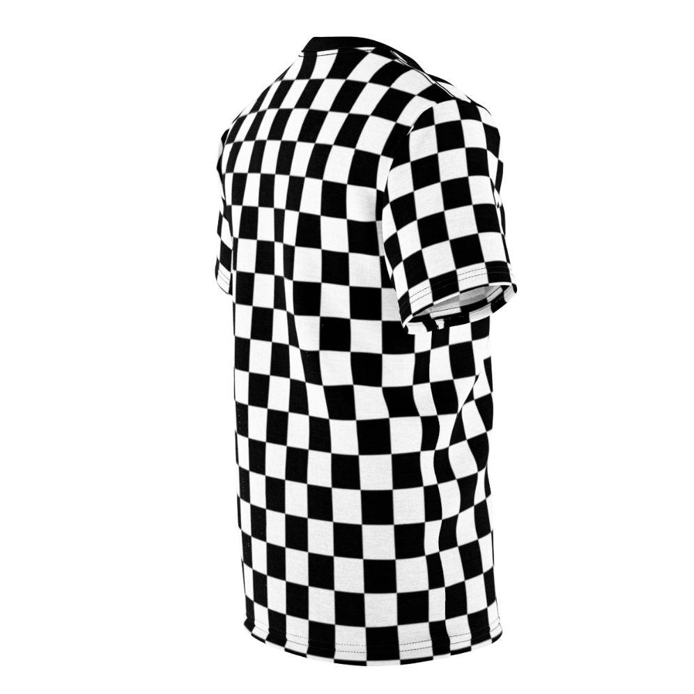 Black and white checkerboard pattern on a modern, minimalist t-shirt - men right