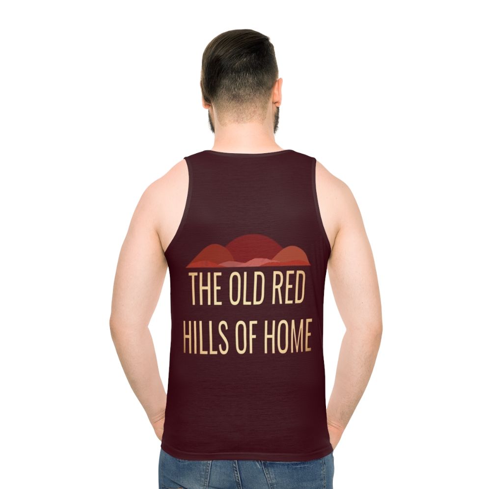 Unisex musical theater tank top with The Old Red Hills Of Home Parade design - men back