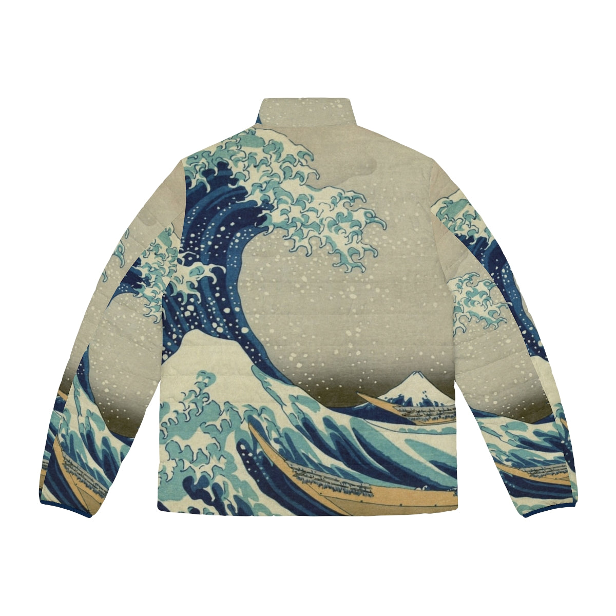 A puffer jacket featuring the iconic "The Great Wave off Kanagawa" Japanese woodblock print design - Back