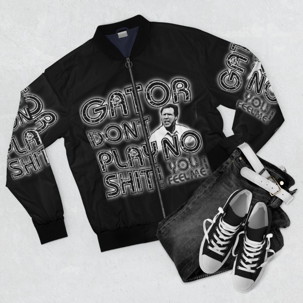 Gator Don't Play Classic Comedy Bomber Jacket with Graphic Design - Flat lay