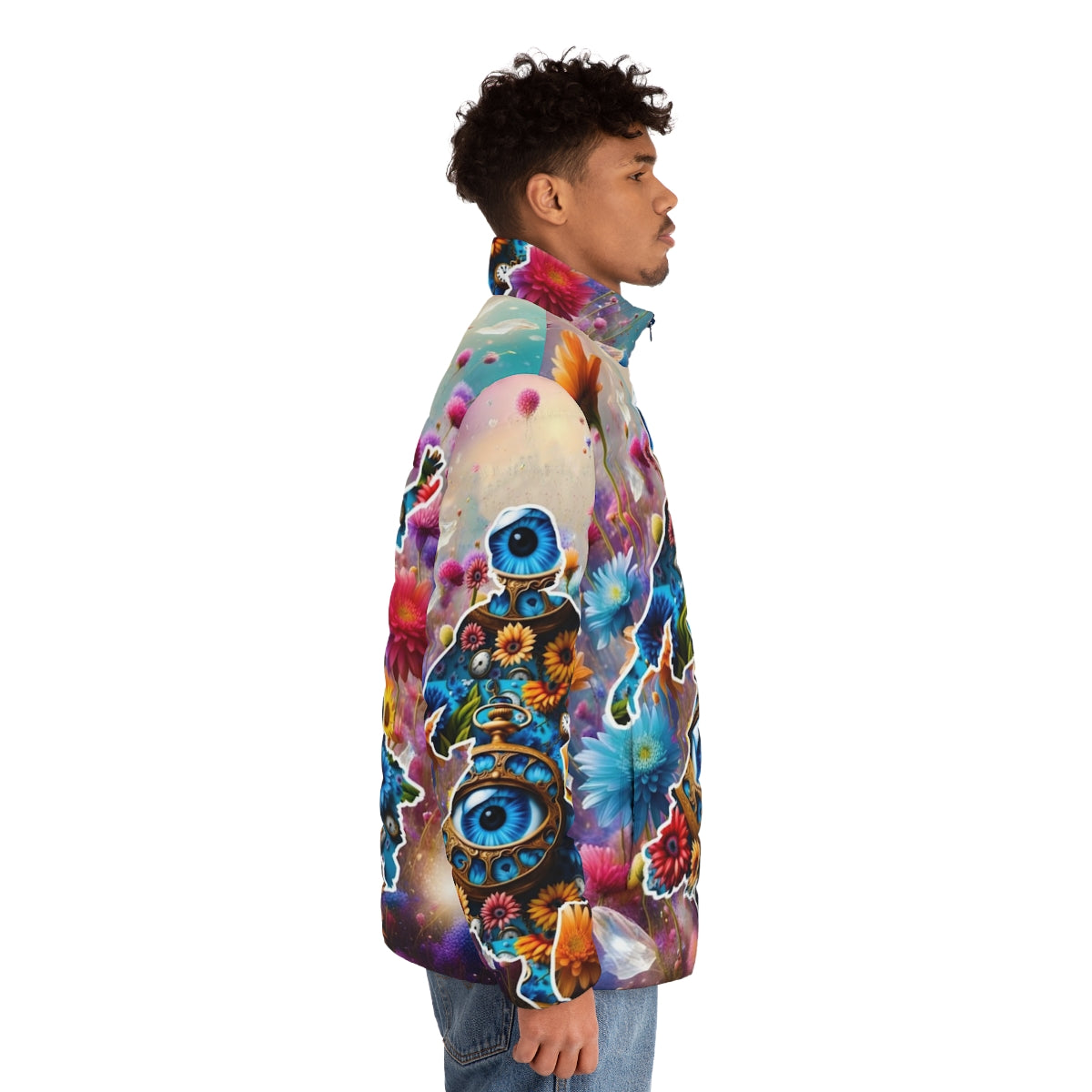 Flowerful Marsha P. Johnson inspired puffer jacket with flower power design - men side right