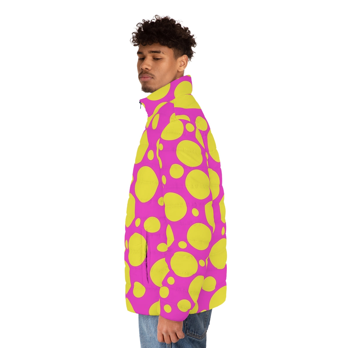 Vibrant polka dotted puffer jacket in hot pink and yellow colors - men side left