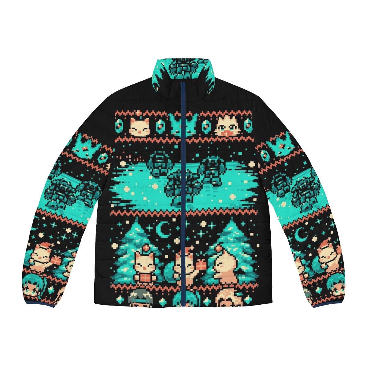 Cozy winter fantasy puffer jacket with retro pixel art design