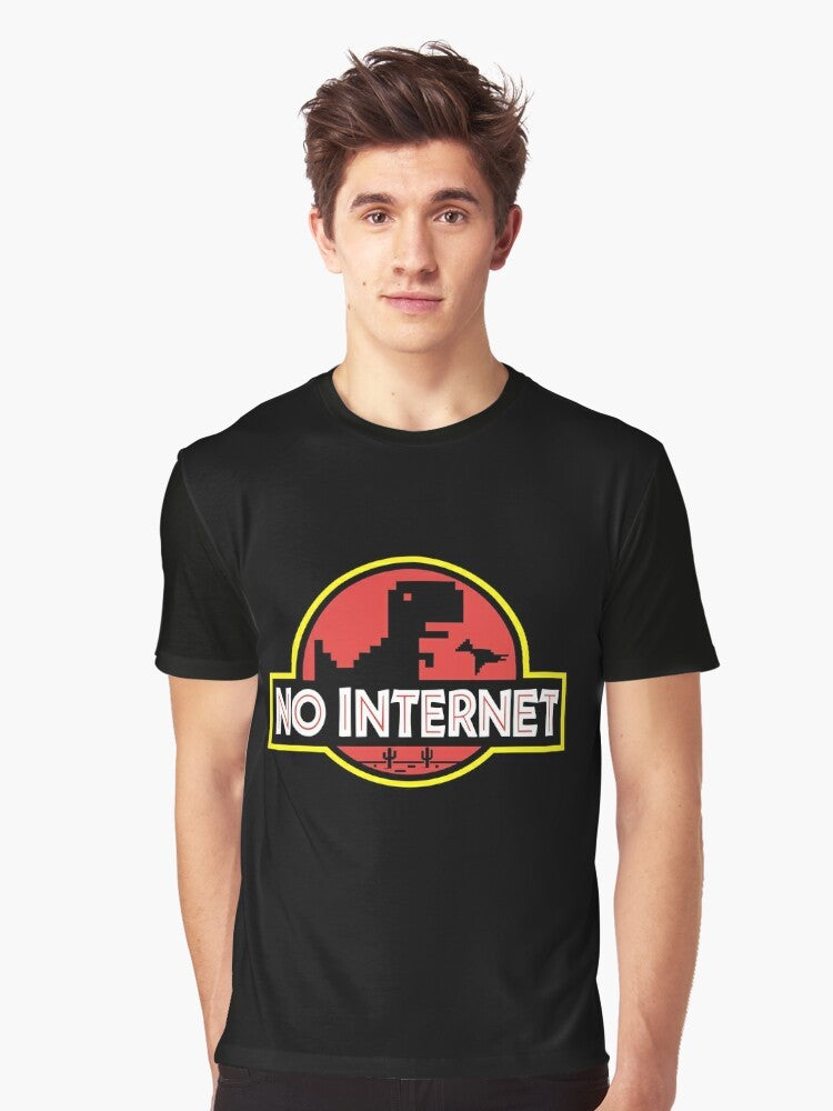 Graphic t-shirt featuring the Jurassic Park logo and a pixel dinosaur in a "no internet" offline game style - Men