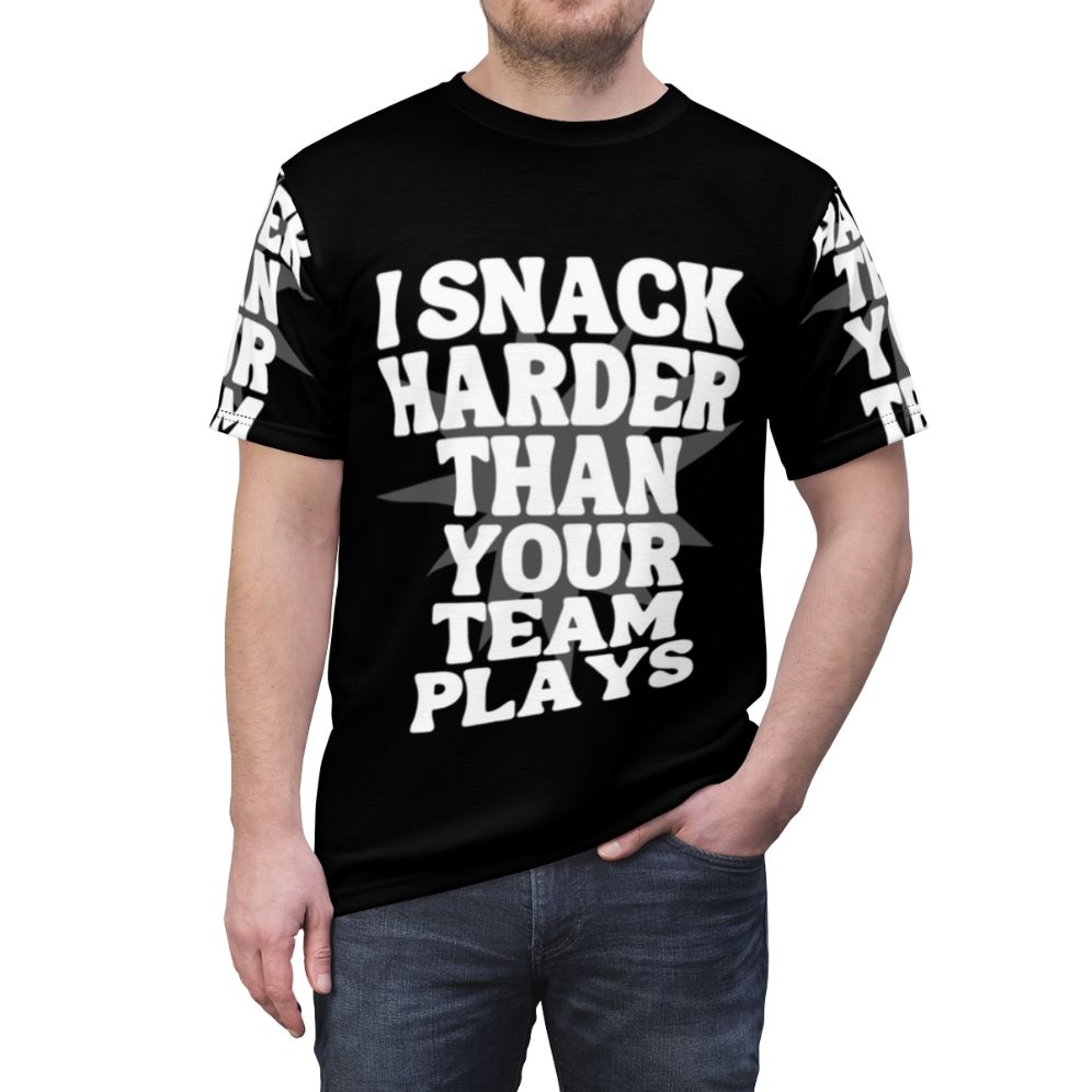 Funny sports t-shirt with the quote "I Snack Harder Than Your Team" - men front