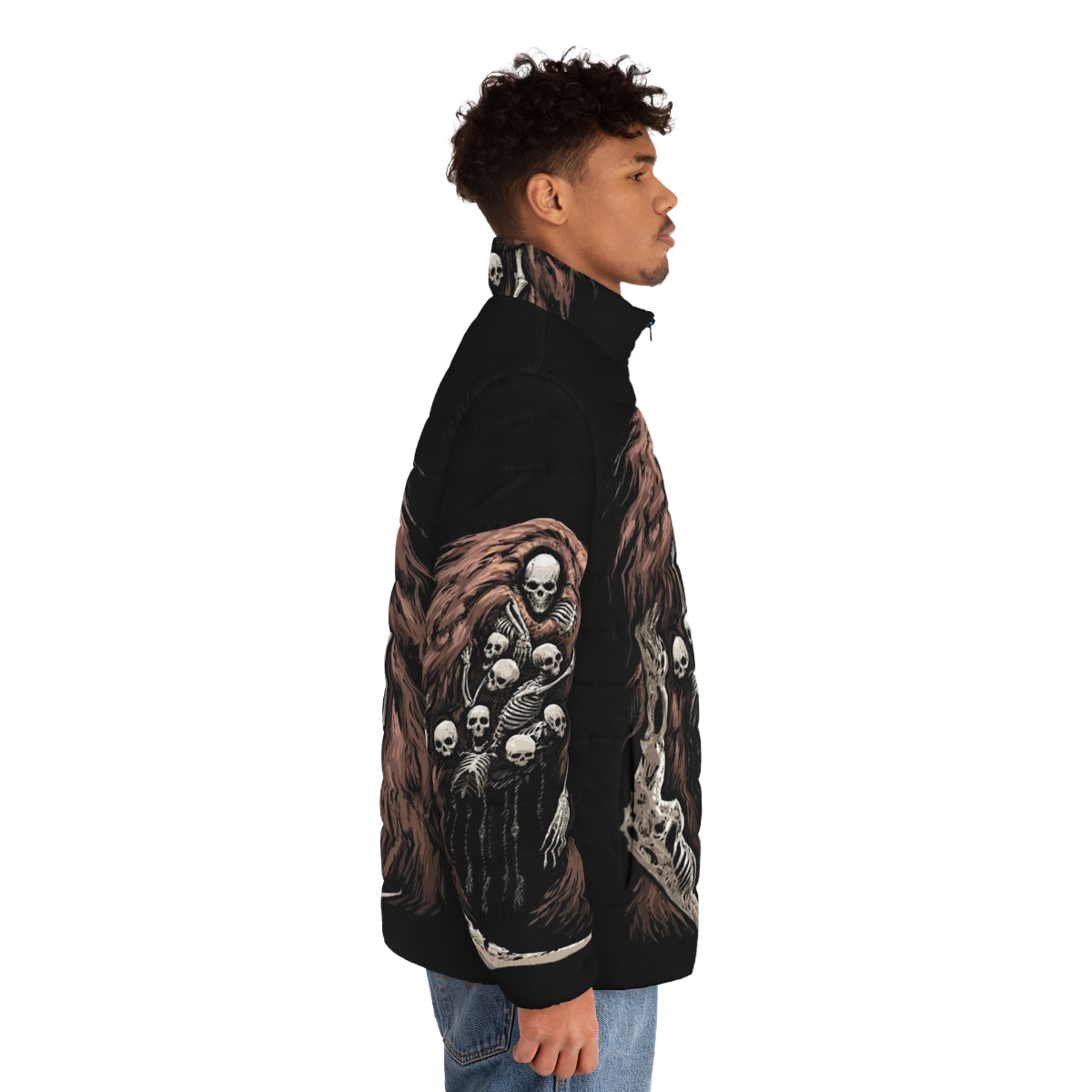 Dark Souls inspired Gravelord V2 puffer jacket featuring a spooky skeleton design - men side right