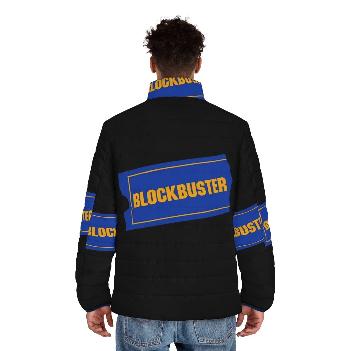 Blockbuster Video logo puffer jacket for movie and retro fashion enthusiasts - men back