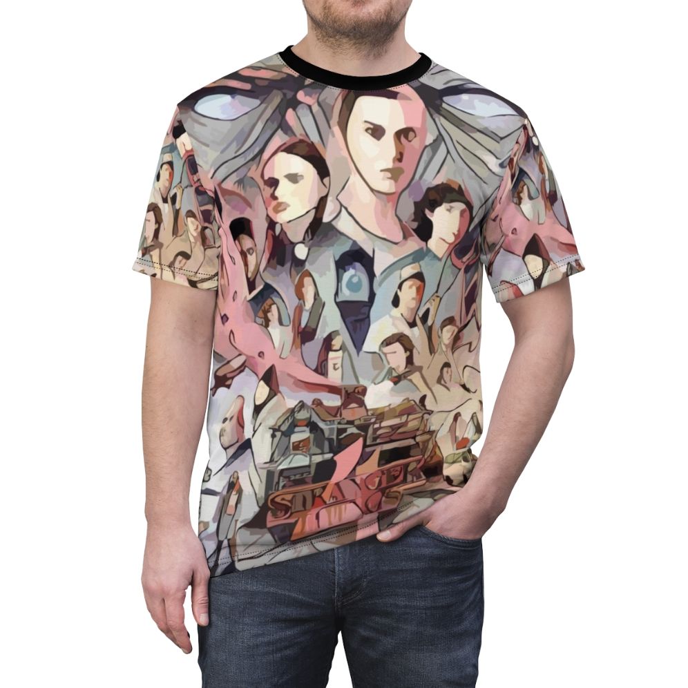 Retro Stranger Things inspired t-shirt design featuring Eleven and other characters - men front