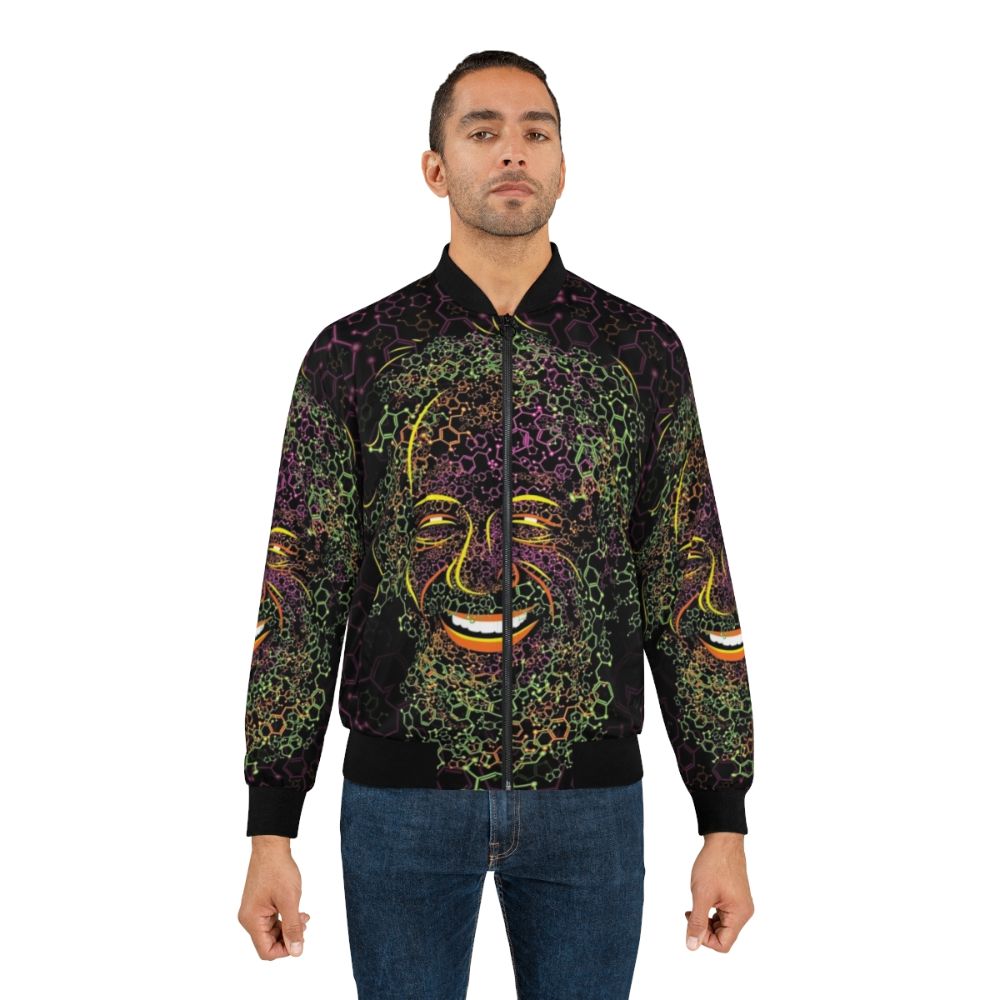 Psychedelic bomber jacket featuring the molecular structures of MDMA and 2C-B, designed by Alexander Shulgin - Lifestyle