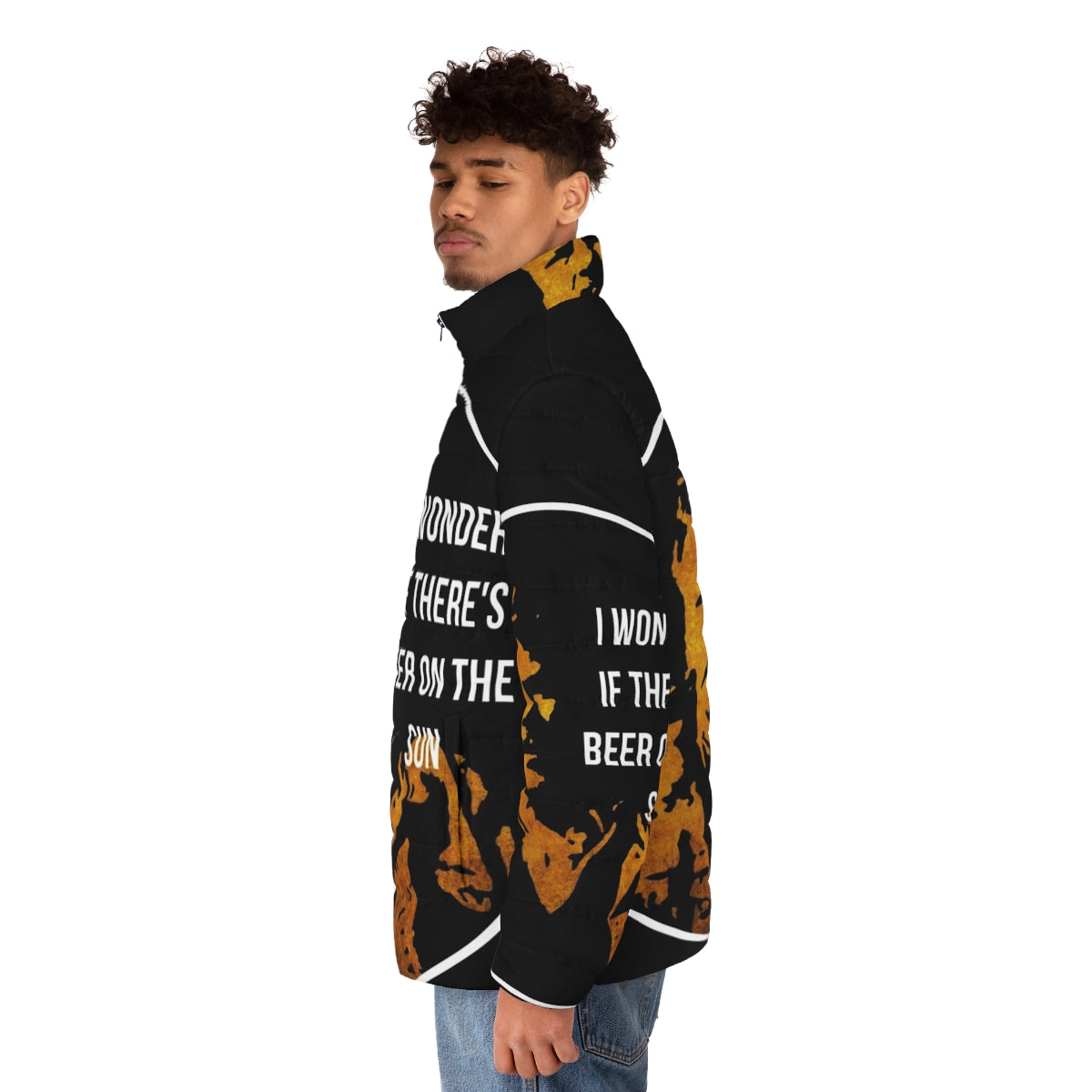 A puffer jacket featuring the iconic "Zap Rowsdower" beer quote from the cult classic film "The Final Sacrifice" - men side left