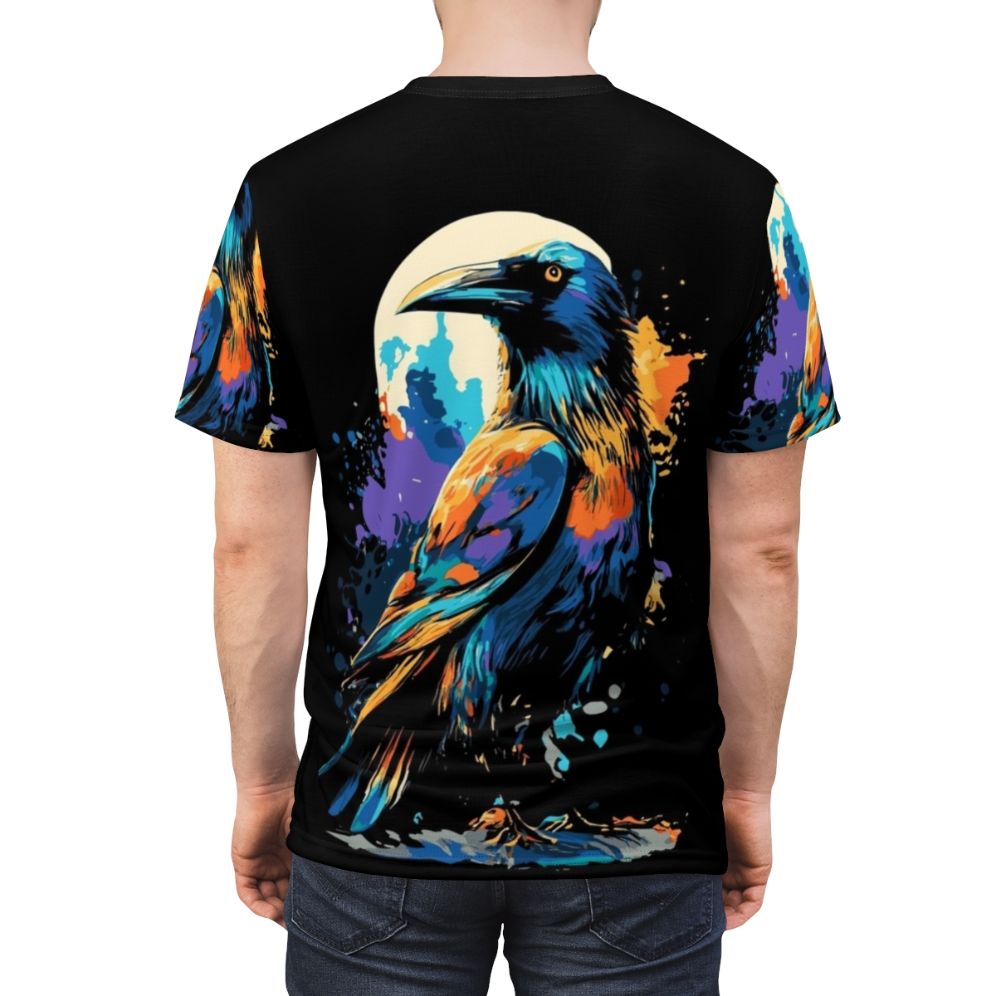 Colorful graphic t-shirt featuring a design of crows and ravens against a dark, moody background. - men back